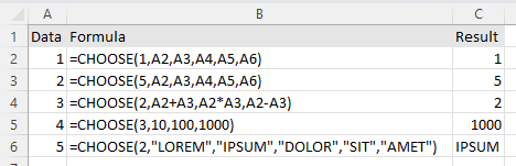 Contoh penggunaan fungsi CHOOSE pada Microsoft Excel
